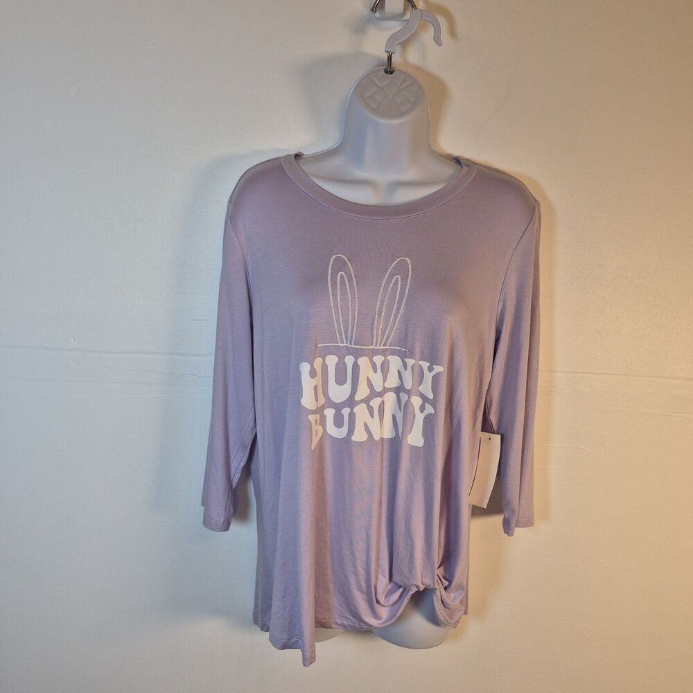 Womens Scarlett Easter Shirt "Hunny Bunny" Size S Lavender 3/4 Sleeve Twist Knot